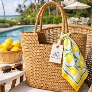 Amalfi Lemon Market Tote | Coastal Straw Beach Bag with Lemon Scarf